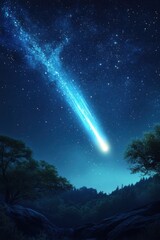 Fototapeta premium Enchanting Nightscape A Celestial Spectacle of a Luminous Comet Streaking Across a Starry Sky Above a Tranquil Forest Landscape