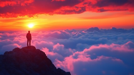 Fototapeta premium person stands on a rocky mountain peak, gazing at a vibrant sunset that casts shades of orange and pink across the sky, while clouds blanket the valley below