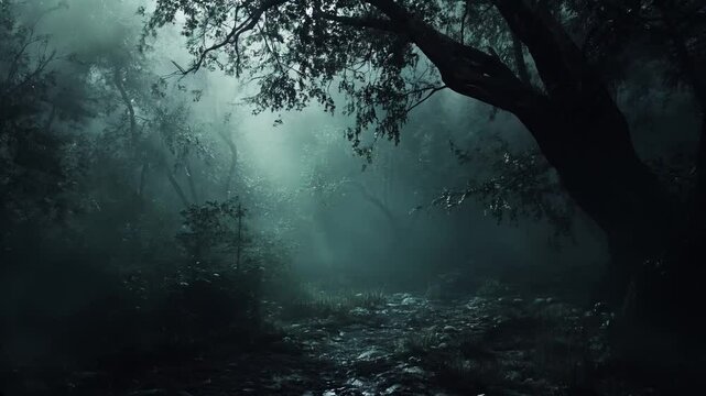Bosque Tenebroso con Niebla Espesa &ndash; Escena de Suspenso y Misterio