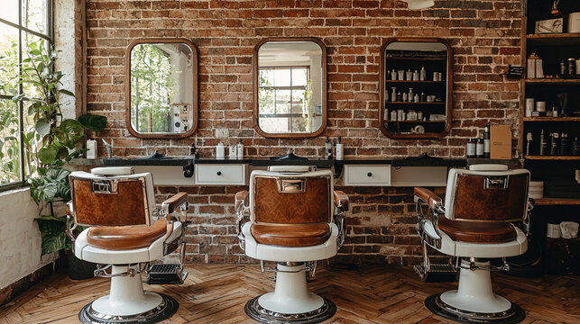 Barber shop interior with vintage styling and natural lighting in a rustic setting
