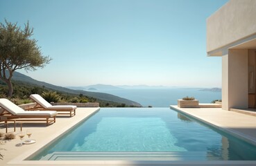 Fototapeta premium Luxury beach house with swimming pool, sea view. Modern villa with loungers, relaxing deck, blue water, sky. Holiday home, family vacation travel, real estate exterior property, sunny day.