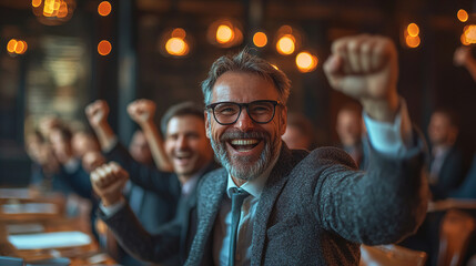 Obraz premium Smile and celebration fill the room as individuals cheer for success during a business meeting