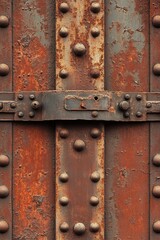 Detailed texture of a rusted metal structure with rivets and peeling paint showcasing industrial decay and aged surface in warm tones