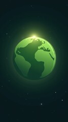 Fototapeta premium Minimalistic illustration of a green planet, clean lines and simple shapes, surrounded by soft glowing light in a dark space background, focus on environmental sustainability and ecological balance