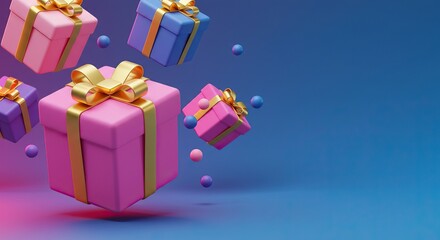 Vibrant gift boxes with gold ribbons floating in colorful background for celebrations