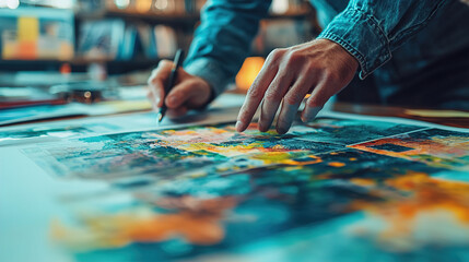 Obraz premium Artist creates vibrant illustrations in a cozy studio filled with art supplies during the afternoon