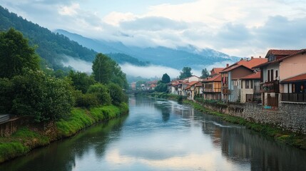 Fototapeta premium A slow-moving river passing through a peaceful countryside town --ar 16:9 --v 6.1 Job ID: 2036f361-68bb-48a6-99e7-3007cd6abffa