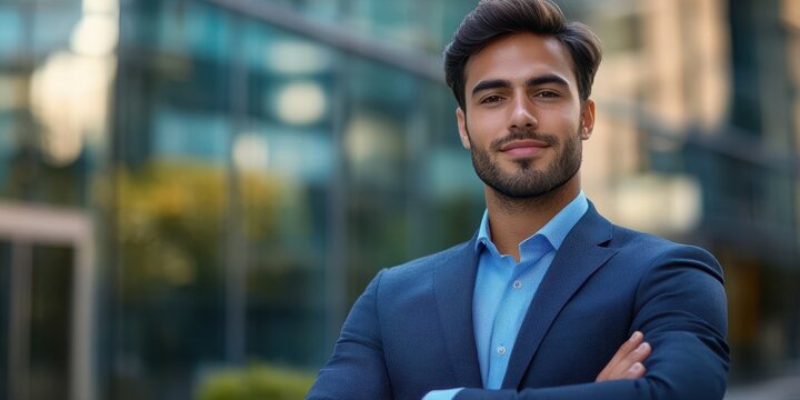 Confident young man in a suit standing outside a modern building on a sunny day in an urban environment - Powered by Adobe