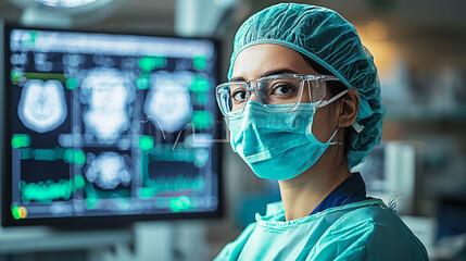 Surgeon wearing mask and safety glasses with x-ray on screen in the background