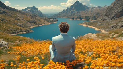 A man dressed in a light suit sits peacefully in a field of vibrant orange flowers, gazing at a calm lake surrounded by majestic mountains under a clear blue sky
