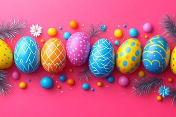 Fototapeta premium Vibrant neon Easter eggs with sparkling paint and colorful bokeh background, festive holiday decoration, generative AI