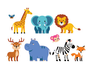 Obraz premium Colorful Animal Set Cartoon Giraffe, Elephant, Lion, Deer, Zebra, Fox on White