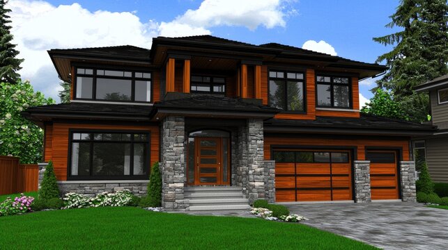 Suburban home exterior with a 2-car garage and manicured lawn, sunny sky, green trees