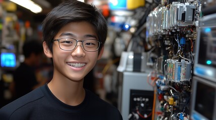 young boy stands in a busy technology workshop, smiling broadly as he engages with various electronic components