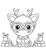 Coloring book deer librarian with glasses, sitting between books and potted plants