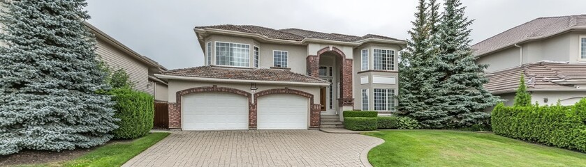 Fototapeta premium Suburban home on a lush lawn. Residential street with neat landscaping