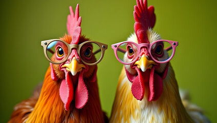 Funny Chickens Wearing Glasses in a Colorful Setting Perfect for Humorous Farm-Themed Designs and Creative Projects