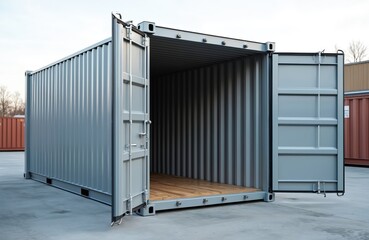Open empty shipping container with wooden floor in yard. Metal door entrance. Potential storage space for cargo, garage, tool storage, warehouse. Logistic, delivery and rental options.