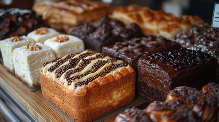 selection of assorted cakes is showcased in a bakery. display features rich chocolate cakes, creamy white cakes, and nut-topped treats, enticing customers with vibrant colors