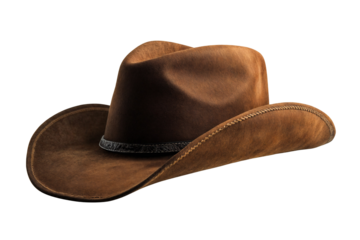 A brown leather cowboy hat with a wide brim and a dark brown ribbon around the crown. Rodeo horse rider, wild west culture, american country concept theme,isolated over tran	
