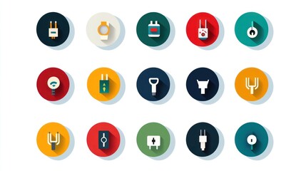 Colorful appliance icons; electricity, technology; white background; website design