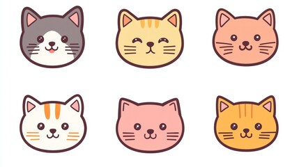 Fototapeta premium Six cute cartoon cat faces; pastel colors; white background; children's book illustration