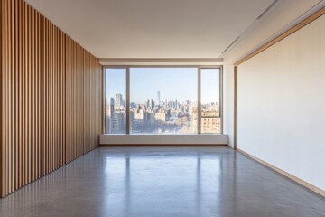 Modern empty room with city view and wood wall.