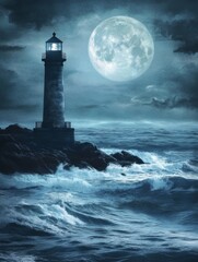 Obraz premium a lighthouse standing tall on the ocean's edge, moonlight reflecting off its surface in soft blue tones
