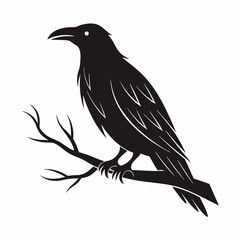 Crow silhouette vector illustration of a perched bird on a branch isolated on a white background
