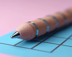 Close-up of a stylish wooden pen resting on a blue grid paper background