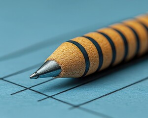 Close-up of a striped pencil resting on blue paper with lines, ideal for educational themes
