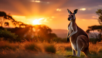 A kangaroo stands majestically in a grassy field as the sun sets in an orange and yellow glow.
