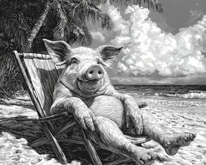 Relaxing pig on beach chair enjoying sunny day with ocean waves in background