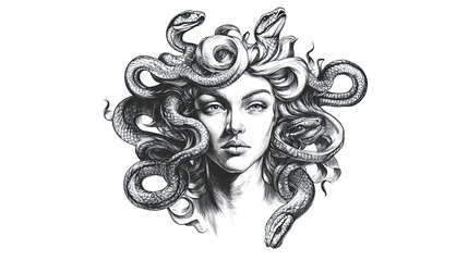 Mythical Medusa sketch engraving PNG with snakes for hair and transparent background

