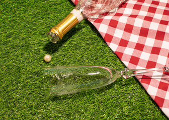 A bottle of wine on the grass, romantic picnic layout