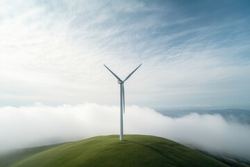 Obraz premium solitary wind turbine stands tall on rolling green hill under cloud-dappled sky symbolizing sustainable energy light