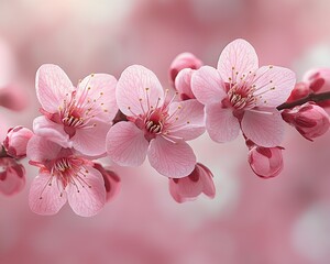 Delicate pink cherry blossoms blooming on a branch against a soft background