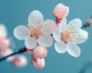Delicate cherry blossoms in full bloom against a soft blue background