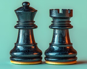 Close-up of black chess pieces, king and rook, on a soft green background