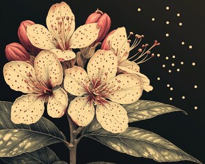 Beautifully detailed illustration of flowering branches against a dark background