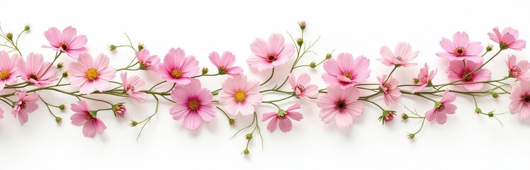 Pink cosmos flowers garland isolated on white. Floral ornament of pink blossom, green stems. Horizontal border design, decoration element for wedding invitation, birthday greeting, holiday card,