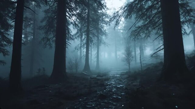 Bosque Tenebroso con Niebla Espesa &ndash; Escena de Suspenso y Misterio