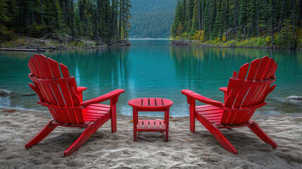 Fototapeta premium Relaxing by the tranquil lake with red chairs and scenic mountains in the background