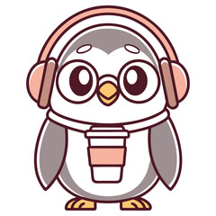 Obraz premium Cartoon Penguin with Headphones, Glasses, and Coffee Cup on White Background