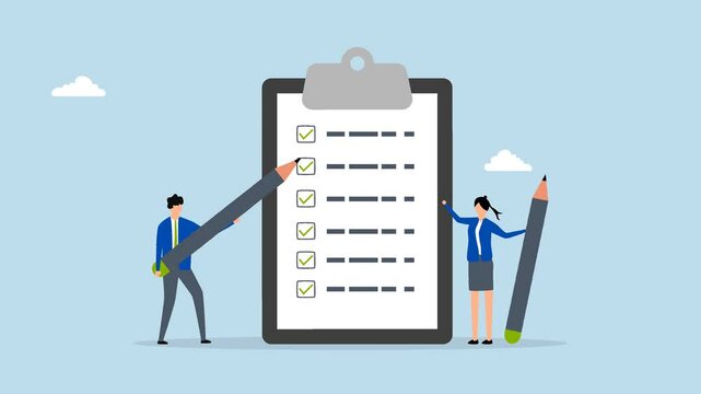 Task checklist, 4k animation of business individuals with a clipboard and checklist pencil. 