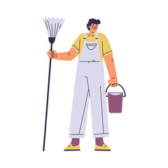 Cleaning with Man Character Standing with Bucket and Broom Do Cleanup Vector Illustration