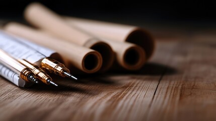 Detailed close-up of drafting tools and rolls of paper