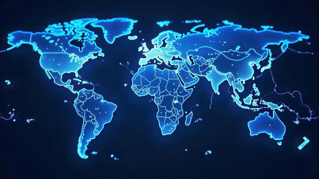 A vibrant blue world map is displayed against a dark background highlighting continents and countries with glowing detail. Ideal for visualization of geographic data and global awareness.