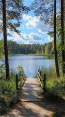 Serene lake view through forest trees with wooden pier under blue sky and white clouds in summer