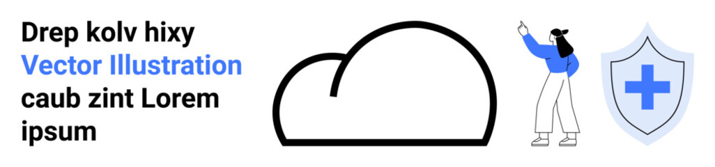 Cloud outline, shield with medical cross, individual pointing upwards. Ideal for healthcare, medical tech, cloud computing, data safety, health apps, digital tools simple landing page